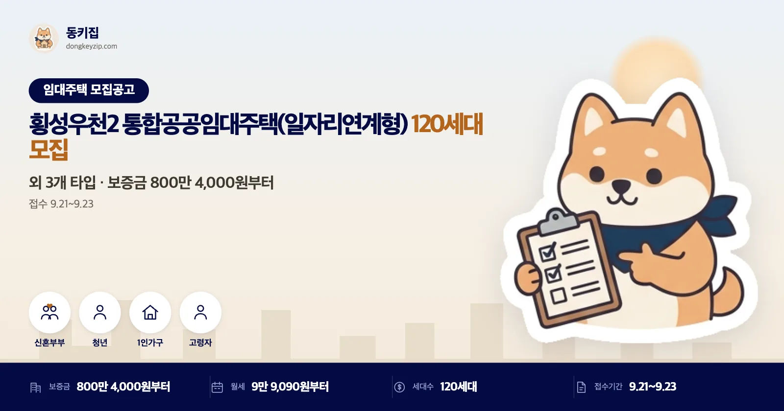 청년·신혼부부라면, 횡성우천2 통합공공임대 일자리연계형 80세대